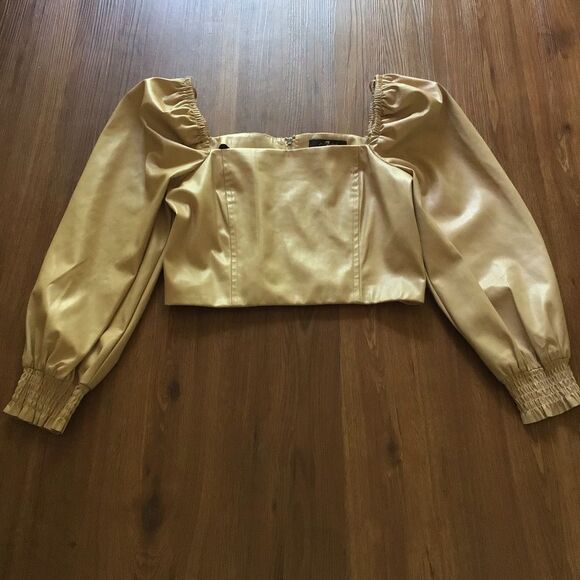 7 For All Mankind Faux Leather Square Neck Puff Sleeve Top - Picture 1 of 5